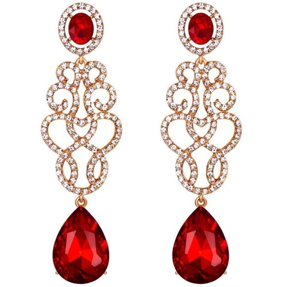 Yellow Gold with Ruby and Diamond Austrian Crystal Filigree Chandelier Earrings - Picture 1 of 4
